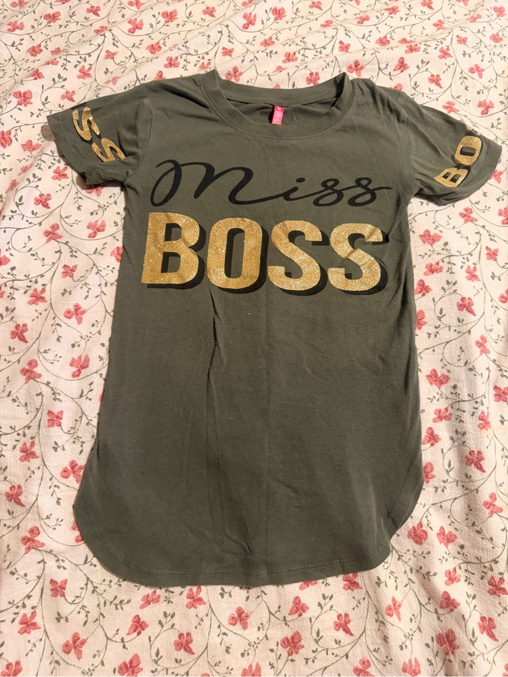 Miss Boss Girls' Olive Green Tee with Gold Foil Lettering
